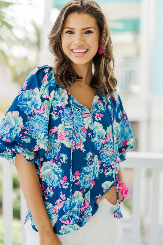 Striped ShirtsAll For The Fun Navy Blue Floral Blouse