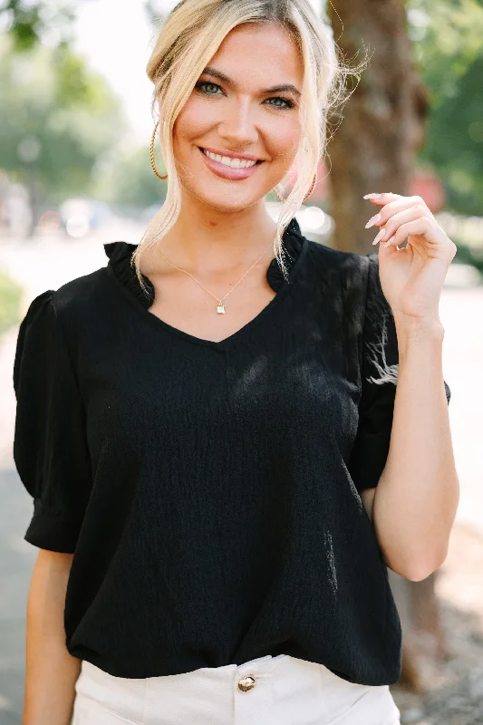 Chambray ShirtsAll For You Black Ruffled Blouse