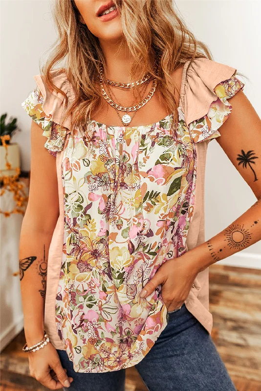 Lace-Up ShirtsApricot Pink Floral Patchwork Square Neck Ruffle Sleeve Blouse