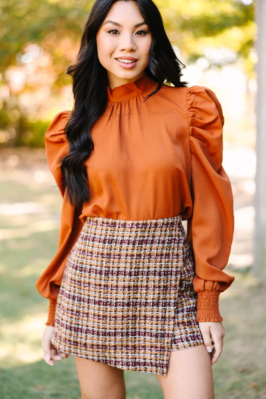 Denim ShirtsBe A Stand Out Rust Orange Puff Sleeve Blouse