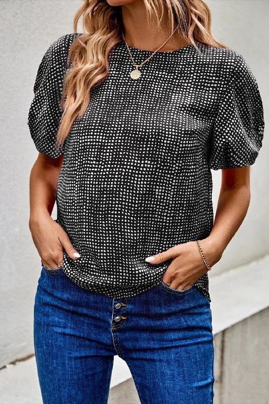 Ribbed Cuff ShirtsBlack Dotted Puff Sleeve Round Neck Blouse