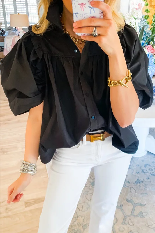 Velvet ShirtsBlack Ruched Puff Sleeve Loose Buttoned Up Blouse