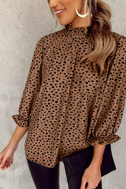 Hemp ShirtsBrown Leopard Print Frill Neck 3/4 Sleeves Blouse