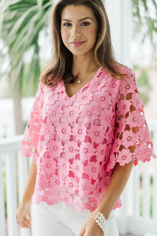 Graphic ShirtsDaily Reminder Pink Crochet Blouse