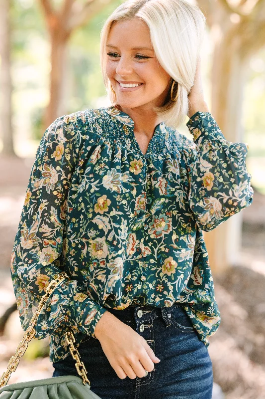 Striped ShirtsFate: Falling For You Hunter Green Floral Blouse