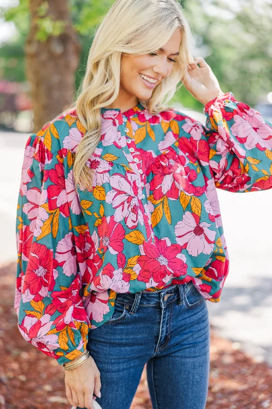 Embellished ShirtsFate: Ready For You Teal Floral Blouse