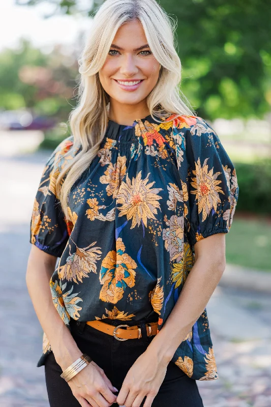 Hemp ShirtsFeeling Fun Black Floral Bubble Sleeve Blouse