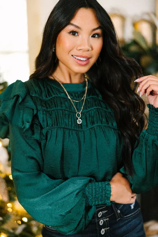 Cultural ShirtsGoing Out Hunter Green Ruffled Satin Blouse