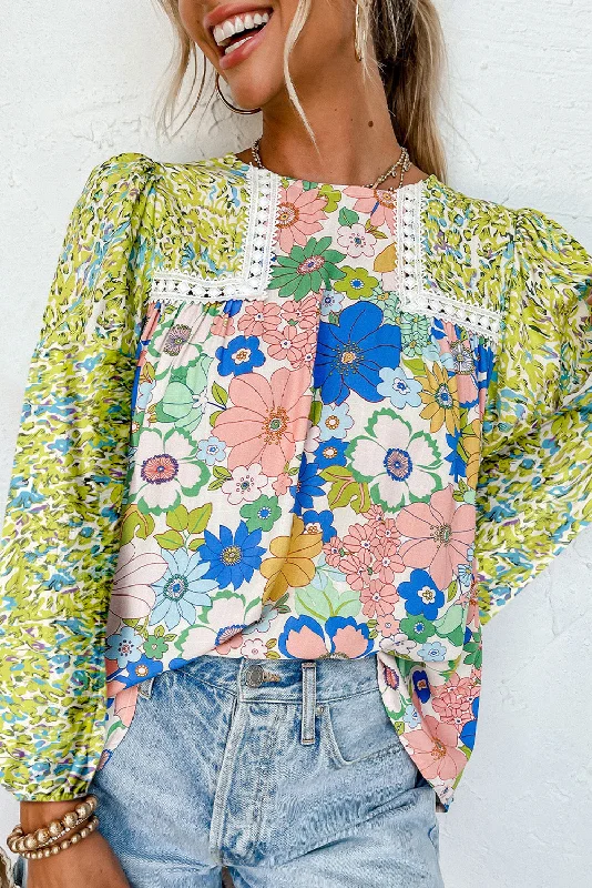 Running ShirtsGreen Bubble Sleeve Lace Detail Mixed Floral Blouse