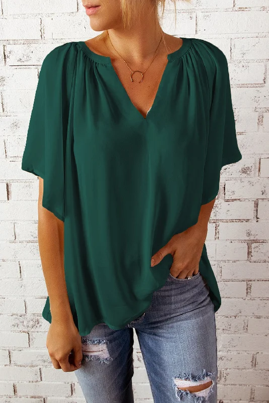 Bamboo ShirtsGreen Casual Split Neck Pleated Loose Blouse