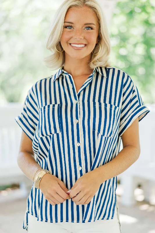 Printed ShirtsHelp You Out Navy Blue Striped Blouse