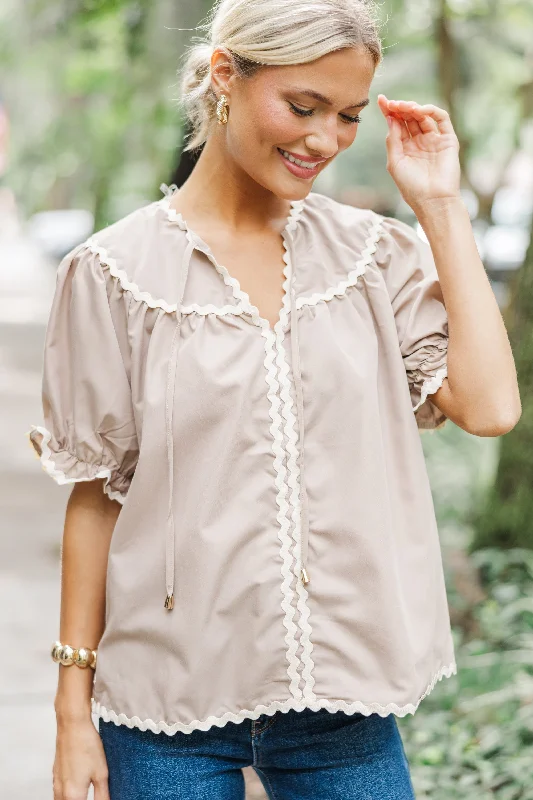 Chambray ShirtsIn A Dream Taupe Brown Rickrack Blouse