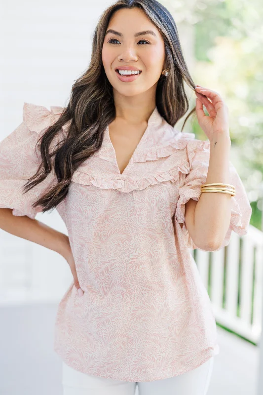 Leather-Paneled ShirtsIn Your Company Blush Pink Leaf Print Blouse