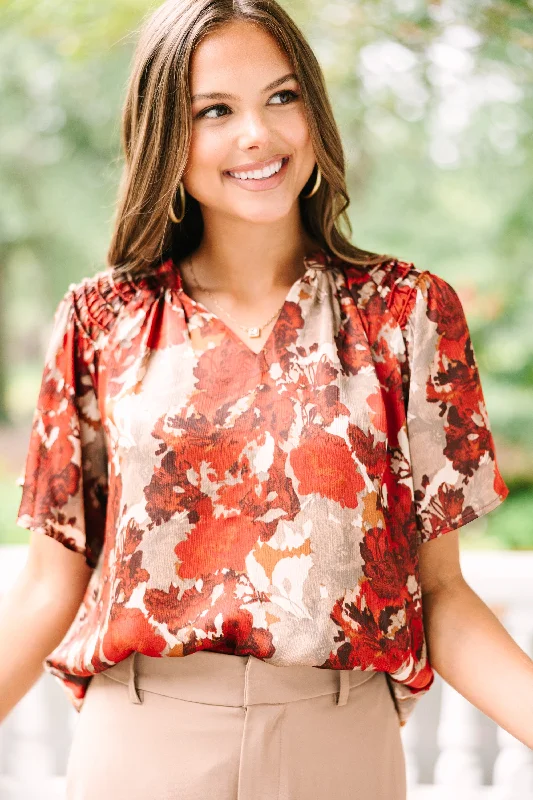 Travel ShirtsInto Your Heart Rust Brown Floral Blouse