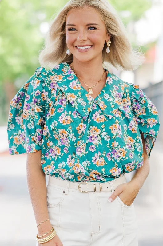 UV-Protection ShirtsIt's Your Day Juniper Green Floral Blouse