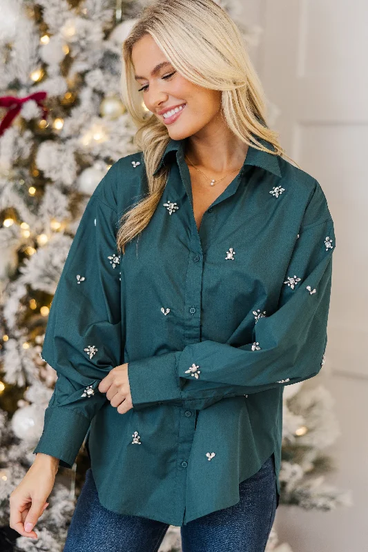 Denim ShirtsIt's Your Destiny Hunter Green Embellished Blouse