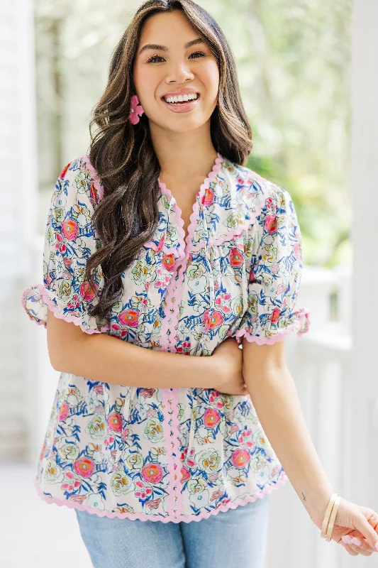 Leather-Paneled ShirtsJust Be Happy Pink Floral Blouse