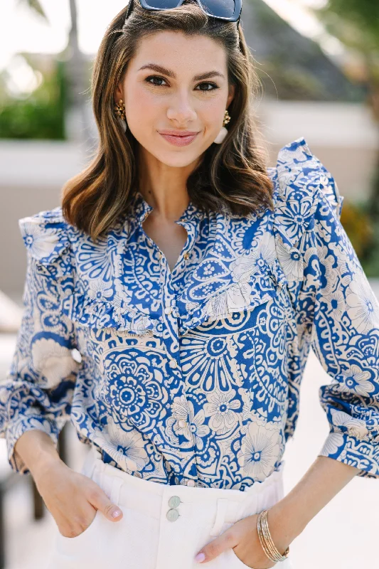 Running ShirtsKeep It Up Blue Floral Ruffled L/S Blouse