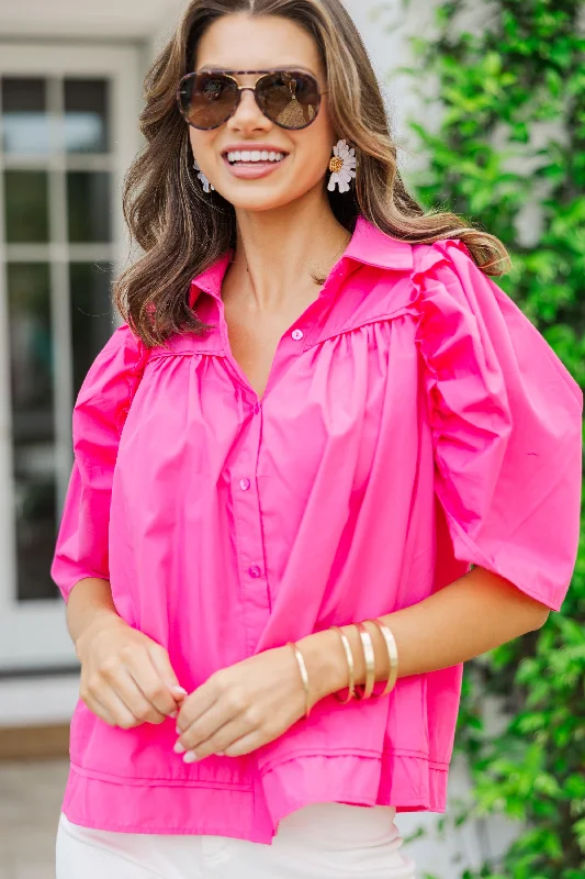 Asymmetrical ShirtsKnow You Better Fuchsia Pink Puff Sleeve Blouse