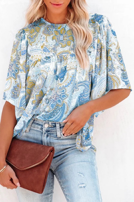 Punk ShirtsLight Blue Paisley Print Flounce Sleeves Loose Blouse