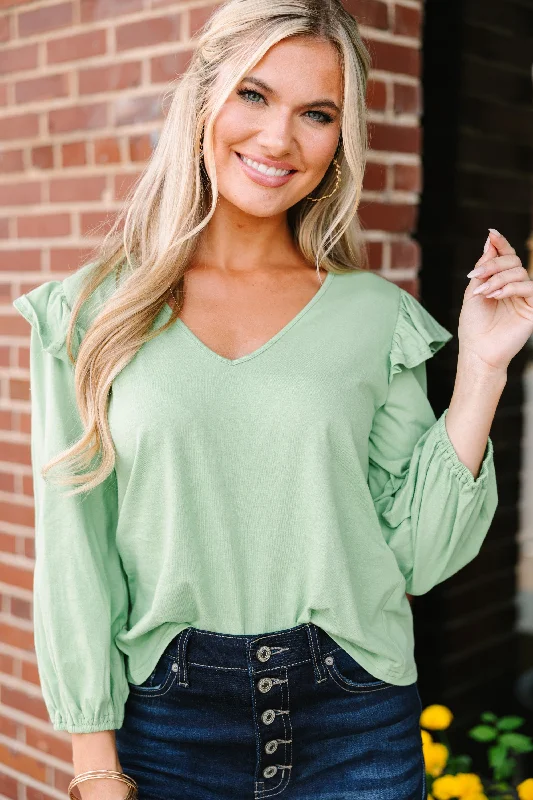 Velvet ShirtsMake Yourself Happy Melon Green Ruffled Blouse