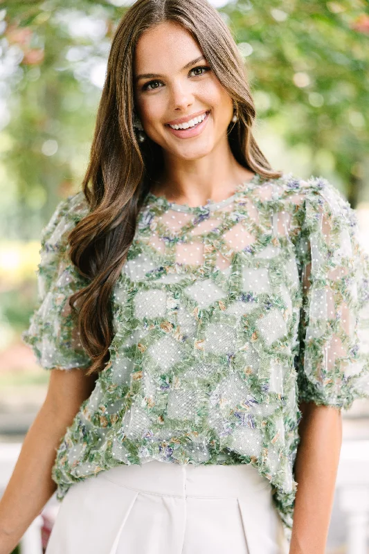 Gym ShirtsMeet In The Garden Olive Green Textured Floral Blouse