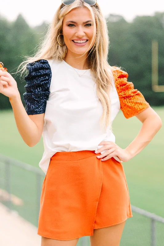 Button-Up ShirtsMeet You There Orange Sequined Puff Sleeve Blouse