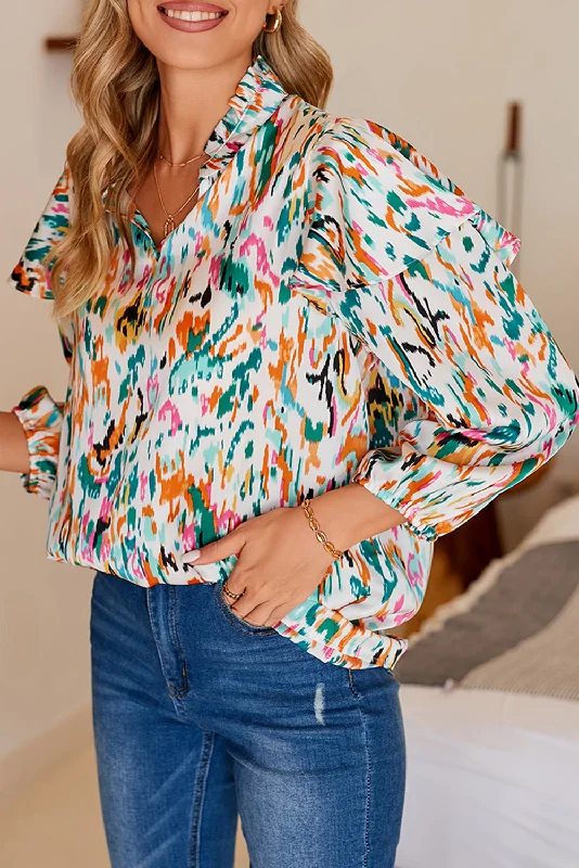 Glitter ShirtsMulticolor Abstract Print 3/4 Puff Sleeve Ruffle Blouse