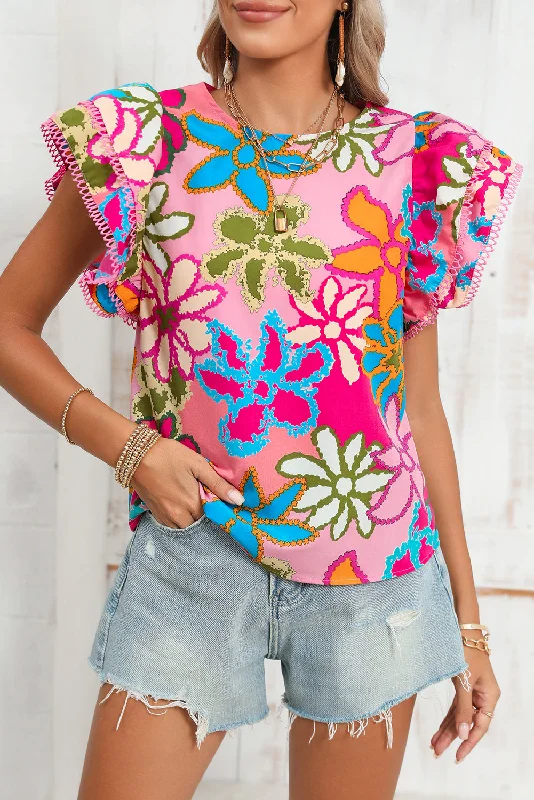 Limited Edition ShirtsMulticolor Floral Print Boho Top Tiered Ruffle Sleeve Blouse