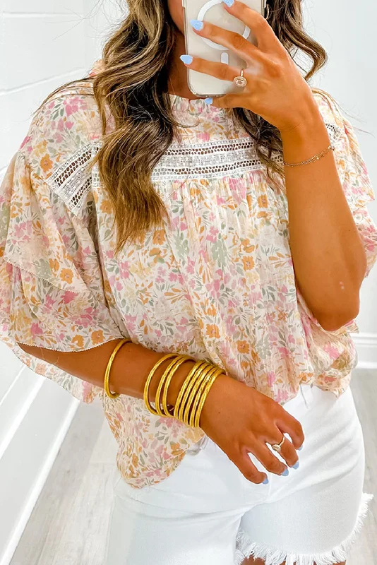 Fringed ShirtsMulticolor Floral Print Wide Ruffle Sleeves Blouse