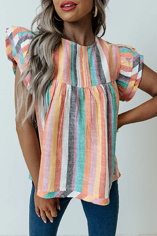 Quick-Dry ShirtsMulticolor Striped Back Button Keyhole Layered Sleeve Blouse