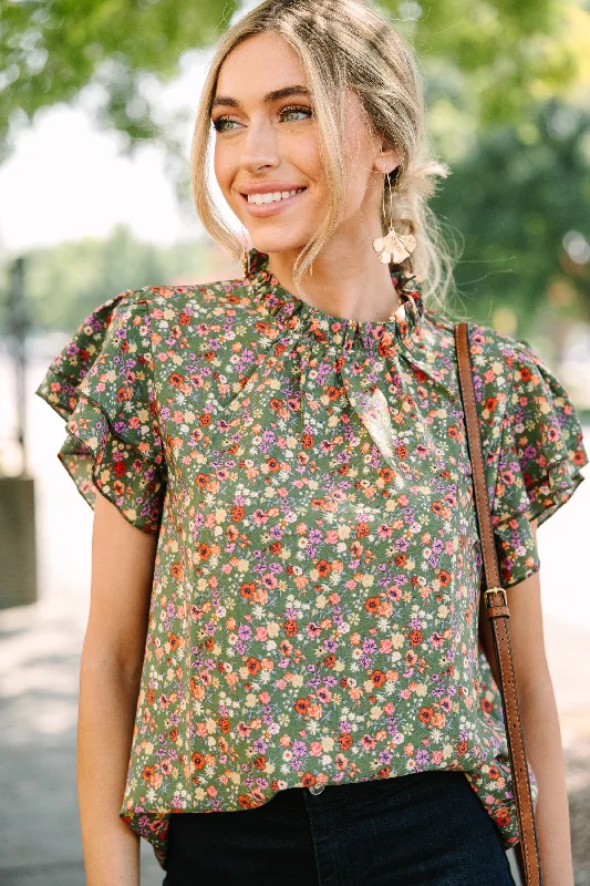 Hemp ShirtsOn My Heart Olive Green Ditsy Floral Blouse