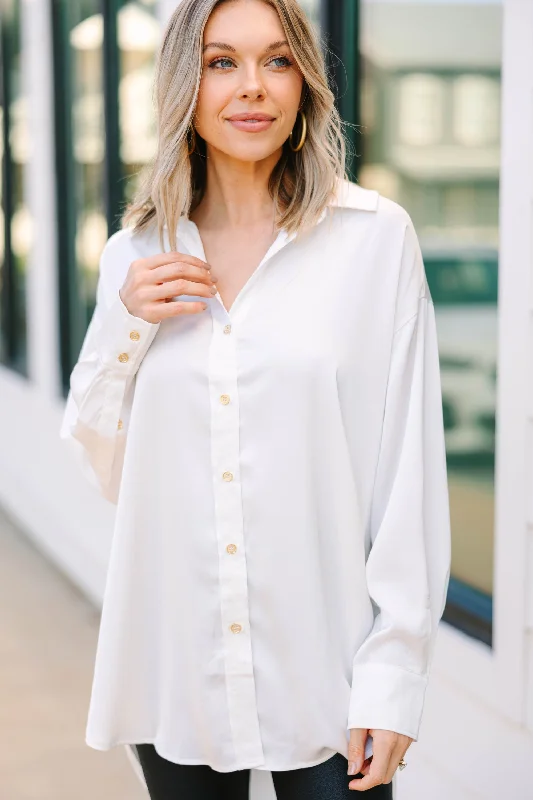 Mesh ShirtsOn The Agenda Off White Satin Button Down Blouse