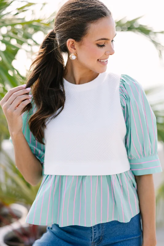 Sequined ShirtsOn Your Way Mint Green Striped Blouse