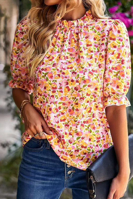 Button-Up ShirtsOrange Floral Boho Frill Mock Neck Blouse