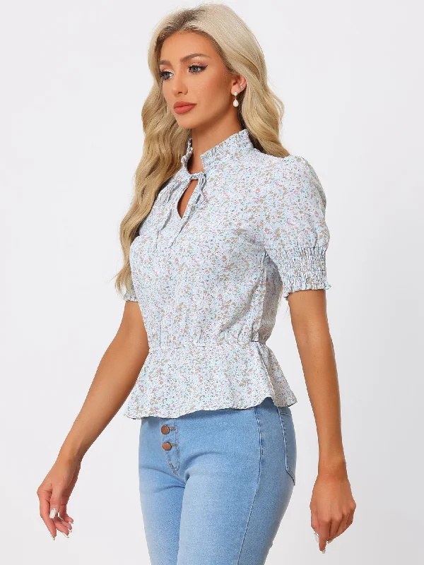 Button-Up ShirtsFloral Summer Ruffle Neck Lace-Up Short Shirred Sleeve Peplum Blouse