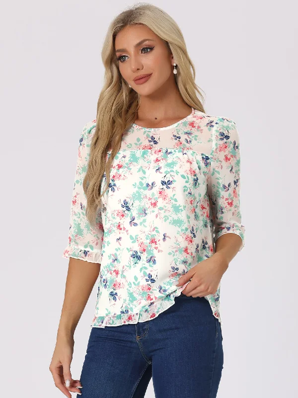 Wrap ShirtsCasual Ruffle Floral Print 3/4 Sleeve Chiffon Blouse