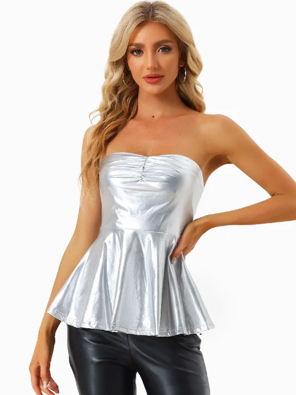 College ShirtsStrapless Tube Top Shiny Metallic Party Clubwear Peplum Blouse