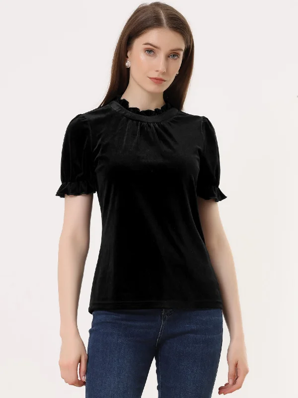 Asymmetrical ShirtsRuffle Collar Short Cuff Sleeve Velvet Tops Blouse