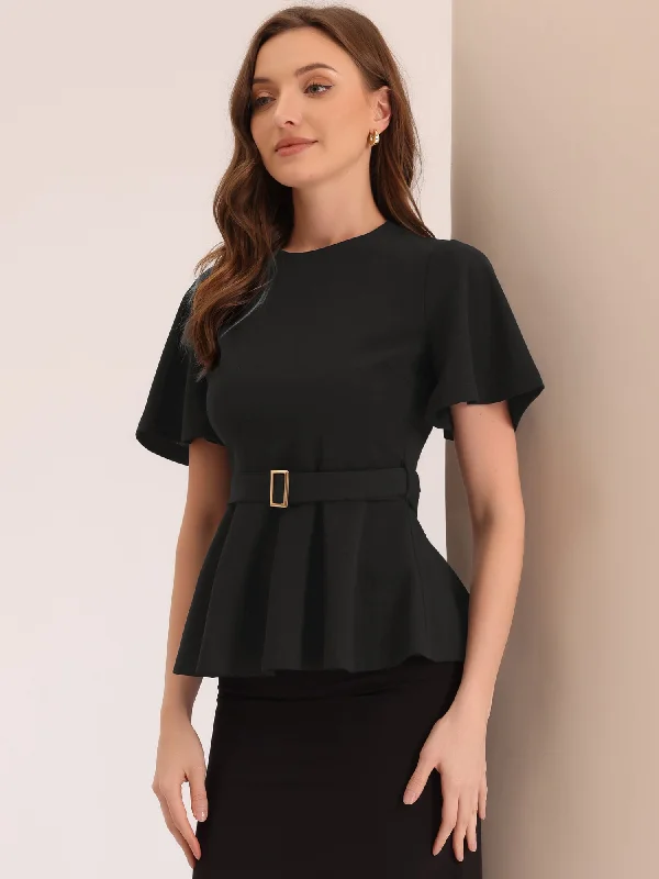 Longline ShirtsPeplum Round Neck Bell Sleeve Belted Waist Office Blouse