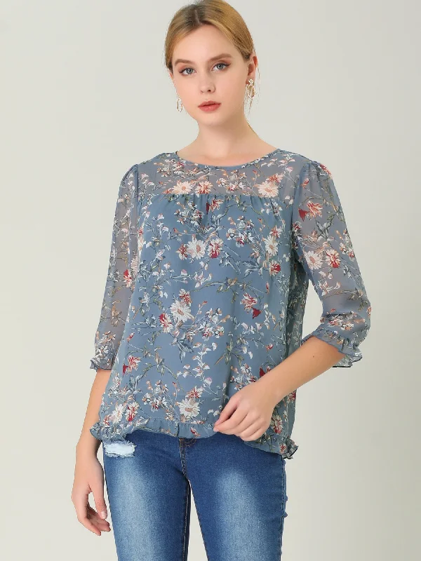 Quick-Dry ShirtsCasual Ruffle 3/4 Sleeve Floral Print Chiffon Blouse