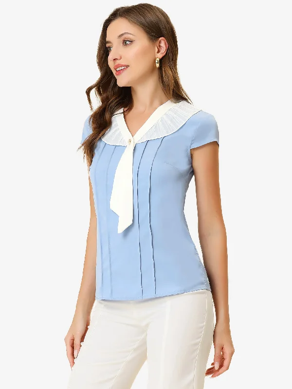 Pocket ShirtsElegant Cap Sleeve Tie Neck Pleated Work Office Blouse