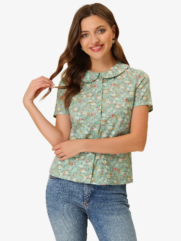 Polka Dot ShirtsSummer Peter Pan Collar Button Front Vintage Floral Print Blouse