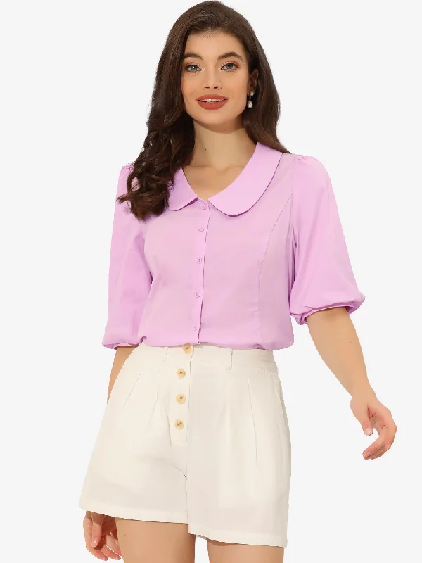 Leather-Paneled ShirtsSweet Short Bubble Sleeve Blouse Peter Pan Collar Solid Top