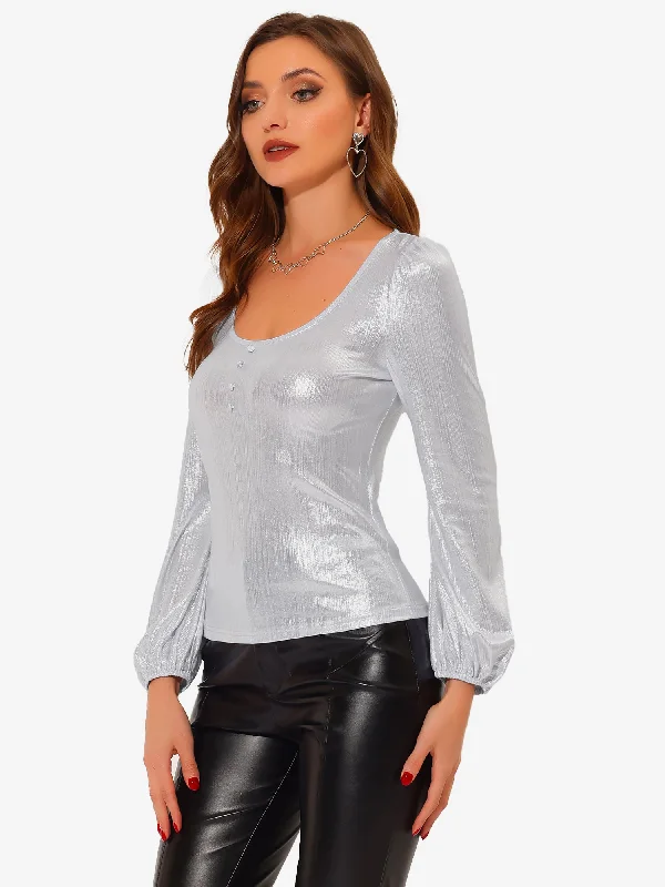 UV-Protection ShirtsMetallic Holographic Lantern Sleeve Party Shiny Glitter Blouse