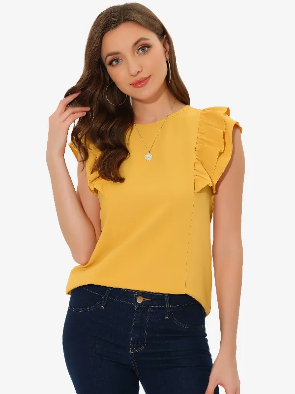 Hunting ShirtsRuffle Solid Round Neck Cap Sleeve Blouse Tops