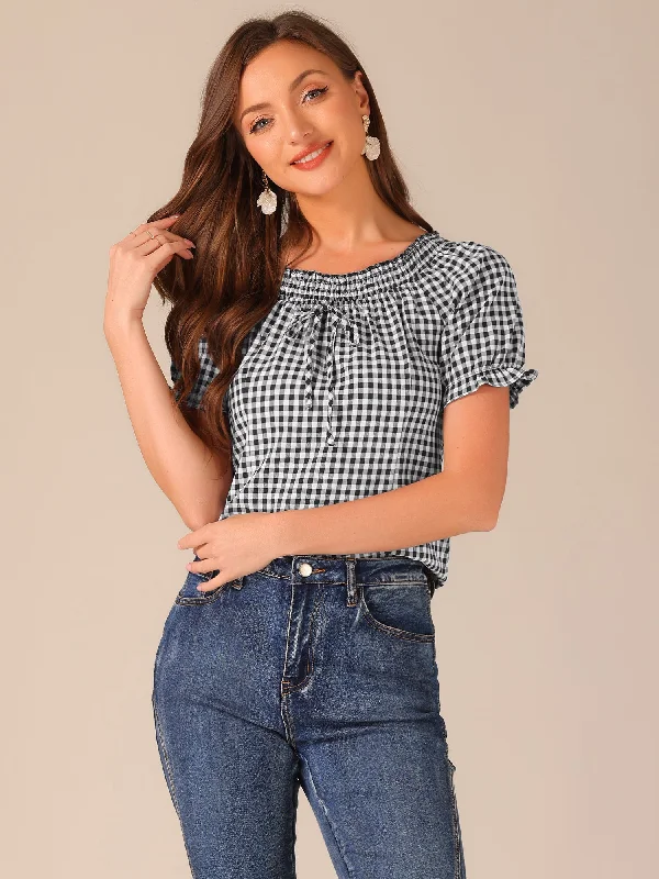 Outdoor ShirtsPeasant Round Neck Ruffles Puff Sleeve Gingham Plaid Blouse