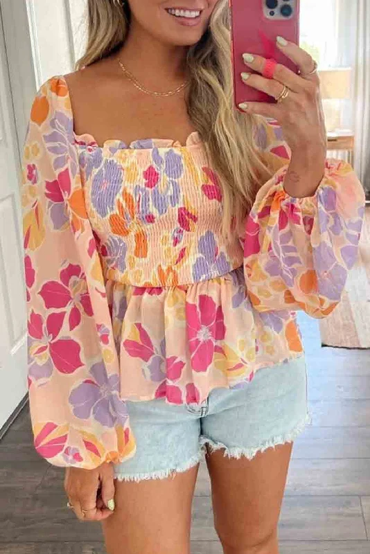 Leather-Paneled ShirtsPink Floral Print Smocked Square Neck Peplum Blouse