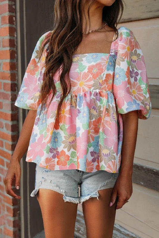 Logo ShirtsPink Floral Puff Sleeve Square Neck Babydoll Blouse