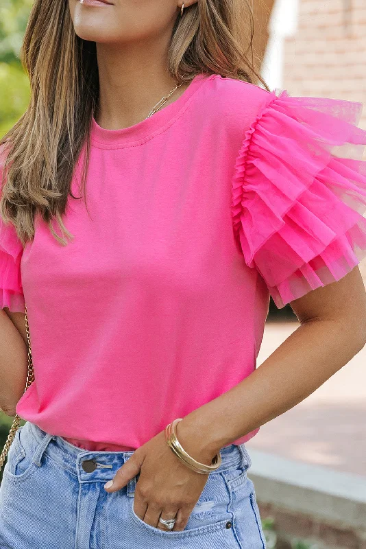 Beaded ShirtsPink Plain Round Neck Tulle Ruffle Sleeve Blouse